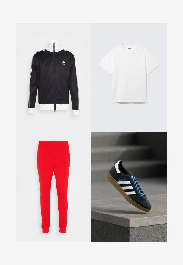 Sort track-jacket med hvide detaljer, fuld lynlås, høj krave, lange ærmer og Adidas-logo på venstre bryst. Glat stofstruktur.; Hvid kortærmet crewneck T-shirt lagt fladt ud, ensfarvet design, med "WEEKDAY" mærkat inde i kraven på en lys baggrund.; Røde joggingbukser lavet af blødt stof, med slim fit, elastisk talje og hvide sideløse striber med logo detaljer nær hoften.; Sort Adidas sneaker med hvide striber, blå snørebånd og gummisål, der svæver over gråt betontrin i blødt lys.