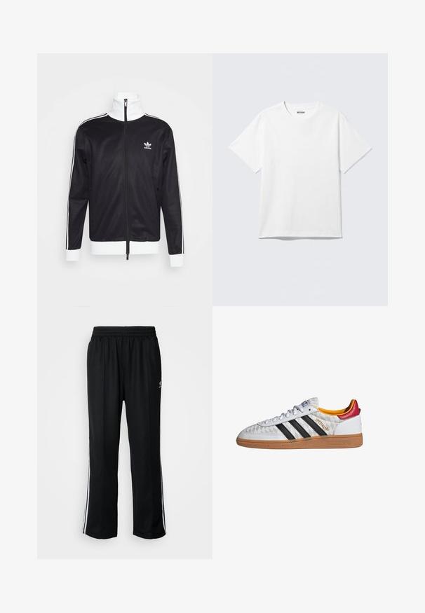 Sort track-jacket med hvide detaljer, fuld lynlås, høj krave, lange ærmer og Adidas-logo på venstre bryst. Glat stofstruktur.; Hvid kortærmet crewneck T-shirt lagt fladt ud, ensfarvet design, med "WEEKDAY" mærkat inde i kraven på en lys baggrund.; Sorte træningsbukser med elastisk talje, der har hvide sidestænger og et lille logo. Materialet ser blødt og let ud.; Hvid Adidas Spezial sneaker med sorte striber, gummisål, quiltet mønster, rød hælflap og gul inderfor, set fra siden.