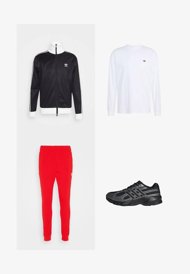 Zwarte trainingsjack met witte accenten, volledige rits, hoge kraag, lange mouwen en het Adidas-logo op de linkerborst. Gladde stoftextuur.; Wit shirt met lange mouwen en ronde hals met klein zwart Adidas trefoil-logo op de linkerborst, eenvoudig ontwerp, geribbelde manchetten.; Rode sportbroek van een zacht materiaal, met een slim fit, elastische tailleband en witte zijstrepen met logo detail nabij de heup.; Zwarte sportschoenen gemaakt van mesh en synthetische materialen, met een getextureerd oppervlak, meerdere grijze strepen en een gevoerde kraag.