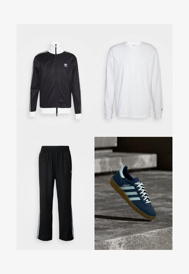 Veste de survêtement noire avec des accents blancs, fermeture éclair complète, col montant, manches longues et logo Adidas sur la poitrine gauche. Texture de tissu lisse.; T-shirt blanc à manches longues en coton. Design à col rond avec des poignets côtelés et un petit logo sur la manche gauche. Texture lisse.; Pantalons de sport noirs avec une taille élastique, ornés de rayures blanches sur les côtés et d'un petit logo. Le matériau semble doux et léger.; Baskets Adidas Spezial bleues avec des rayures et des lacets blancs, semelle en gomme, flottant au-dessus d'une surface en béton rugueuse et des marches en arrière-plan.