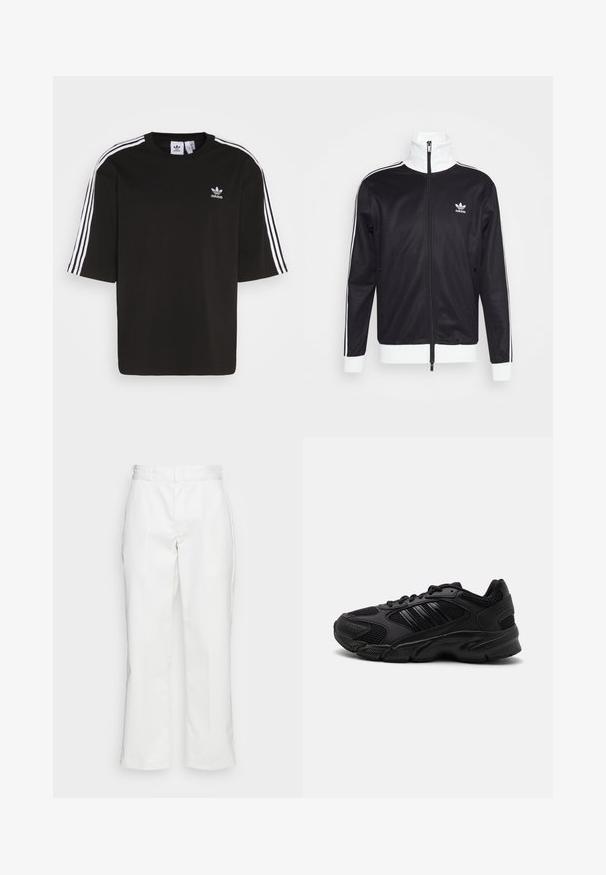 Zwarte trainingsjack met witte accenten, volledige rits, hoge kraag, lange mouwen en het Adidas-logo op de linkerborst. Gladde stoftextuur.; Zwarte T-shirt met korte mouwen, gemaakt van katoen, met witte drie-strepen accenten op de schouders en een geborduurd Adidas-logo op de borst.; Witte katoenen broek met een recht model, riemlussen en zijzakken, met een gladde textuur en minimale detaillering.; Zwarte sportieve schoenen met een combinatie van ademend mesh en synthetische materialen. Kenmerkende gestructureerde zool en drie zwarte strepen aan de zijkant.