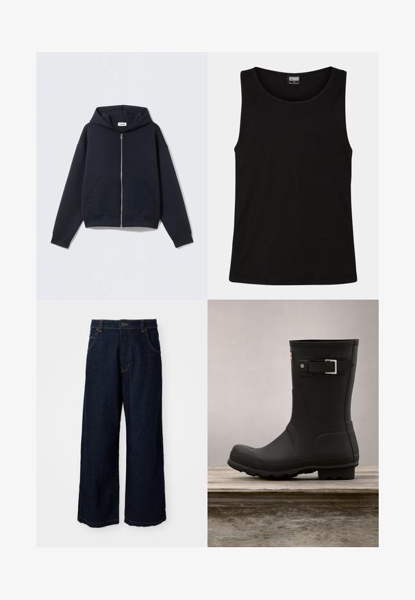 Marineblå hættetrøje med lynlås lavet af glat stof, med hætte, forlommer og ribstrikkede manchetter og kant. Enkel design uden mønstre.; Sort tanktop lavet af blødt bomuldsstof. Har en rund halsudskæring og brede armhuller, uden synlige mønstre eller accenter.; Bredde bukser i mørkeblå denim med gyldne stikninger, knaplukning og fire lommer. Den nederste kant er lidt frayed.; Sorte gummistøvler med lav hæl, rund tå og en sølv spændeaccent. Har en tekstureret sål for godt fodfæste.
