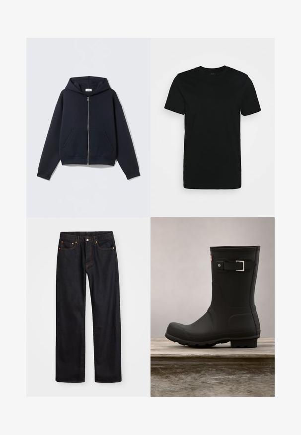 Navyblauer Kapuzenpullover mit Reißverschluss aus glattem Stoff, mit Kapuze, Fronttaschen sowie gerippten Bündchen und Saum. Einfaches Design ohne Muster.; Schwarzes kurzärmliges T-Shirt aus glattem Baumwollstoff, mit Rundhalsausschnitt und einem schlichten Design ohne Muster oder Akzente.; Herren gerade geschnittene schwarze Jeans aus Denim mit fünf Taschen und orangefarbenen Nähten, Knopf- und Reißverschluss vorne am Bund.; Schwarze Gummiregenstiefel mit niedrigem Absatz, runder Spitze und einem silbernen Schnallenakzent. Verfügt über eine strukturierte Sohle für besseren Halt.