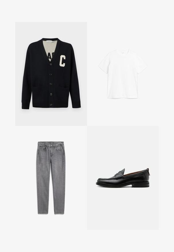 Zwart vest met knopen, V-hals, twee steekzakken aan de voorkant, geribbelde manchetten en zoom, en een grote witte letter "C" op de linkerborst.; Witte katoenen t-shirt met een ronde hals en korte mouwen. De stof lijkt glad met een klassiek, recht snit ontwerp.; Grijze spijkerbroek van denim met een rechte pijp, vijf zakken, subtiele vervaging en een rits. Kenmerkt zich door contrasterende stiksels en een gebrandmerkte tailleband.; Zwarte leren herensloffen met moc toe stiksel, pennyriem, gestructureerde kraag en lage gestapelde hak op witte achtergrond.