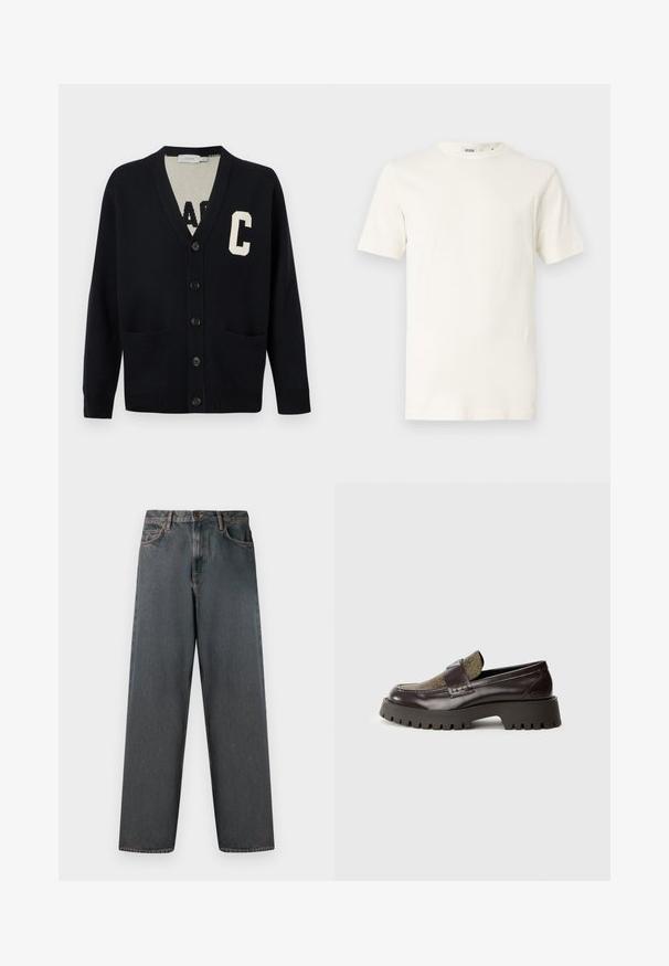 Cardigan noir boutonné avec col en V, deux poches avant, poignets et ourlet côtelés, et une grande lettre "C" blanche sur la poitrine gauche.; T-shirt en coton beige clair à manches courtes et col rond. Présente une texture lisse et un design simple sans motifs ni accents.; Jean en denim gris foncé avec une coupe droite, cinq poches et une fermeture à bouton et zip. Le tissu présente un léger dégradé et des coutures.; Mocassins en cuir marron foncé avec une tige en textile à motifs, une semelle extérieure à traction épaisse et une bride décorative. Présente un logo de marque embossé sur le côté.