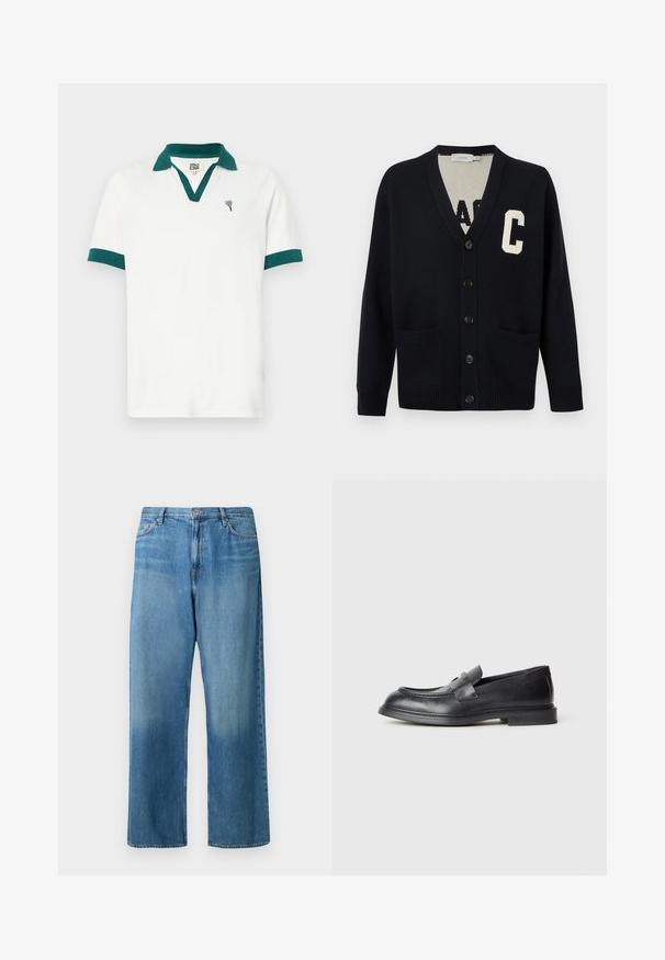 Schwarzer Knopf-Cardigan mit V-Ausschnitt, zwei Fronttaschen, gerippten Bündchen und Saum sowie einem großen weißen Buchstaben "C" auf der linken Brust.; Weißes Polo-Shirt mit einem türkisen Kragen und Akzenten an den Ärmeln, versehen mit einem kleinen herzförmigen Logo. Hergestellt aus einem glatten Stoff mit einem klassischen Schnitt.; Hellblaue Jeans mit weitem Bein aus Denim. Sie verfügen über eine mittelhohe Taille, ein Fünf-Taschen-Design und eine ausgewaschene Optik mit sichtbaren Nähten.; Schwarze Lederloafer mit strukturierter Oberfläche, versehen mit einem dekorativen Frontriemen und einer abgerundeten Spitze. Gummisohle für Langlebigkeit.