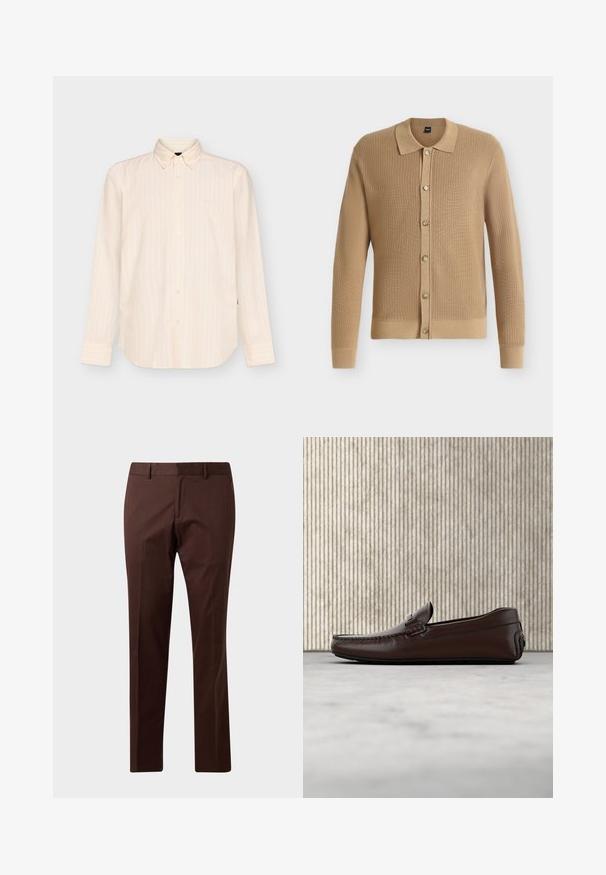 Cardigan en tricot marron clair à manches longues avec col et six boutons sur le devant, présenté sur fond blanc.; Chemise beige à manches longues boutonnée avec des rayures verticales subtiles et un col classique, présentée sur un fond clair uni.; Pantalon marron droit avec passants de ceinture et poches latérales, présenté à plat sur un fond clair.; Mocassins en cuir marron avec une finition lisse, des coutures de style mocassin, un bout rehaussé et une semelle en caoutchouc basse et flexible.