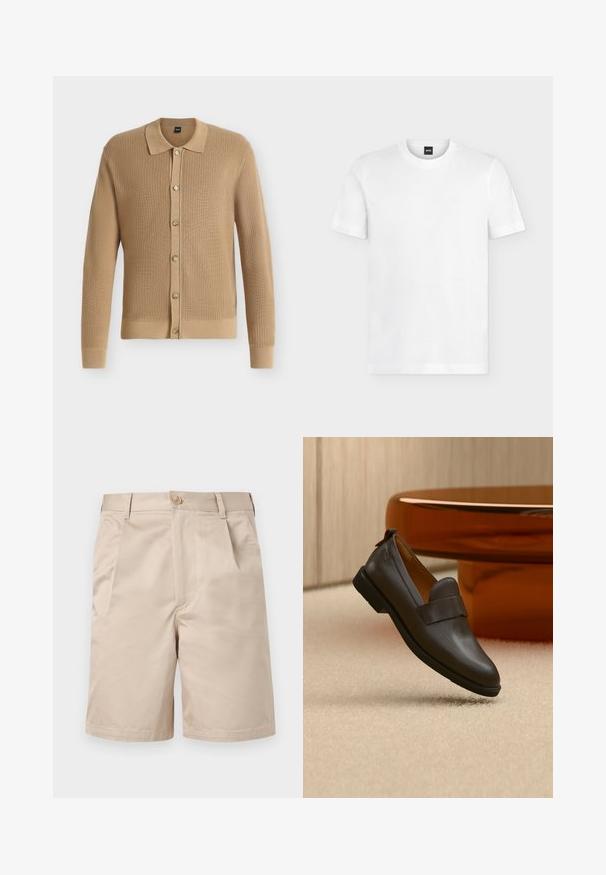 Cardigan en tricot marron clair à manches longues avec col et six boutons sur le devant, présenté sur fond blanc.; T-shirt blanc à manches courtes et col rond avec logo BOSS discret sur la partie supérieure gauche de la poitrine et étiquette noire au niveau du col.; Short beige longueur genou avec fermeture avant bouton et zip, passants pour ceinture et poches latérales.; Mocassin en cuir marron foncé avec un petit talon flottant au-dessus d'un tapis beige, à côté d'une table brillante, arrondie et de couleur ambre.