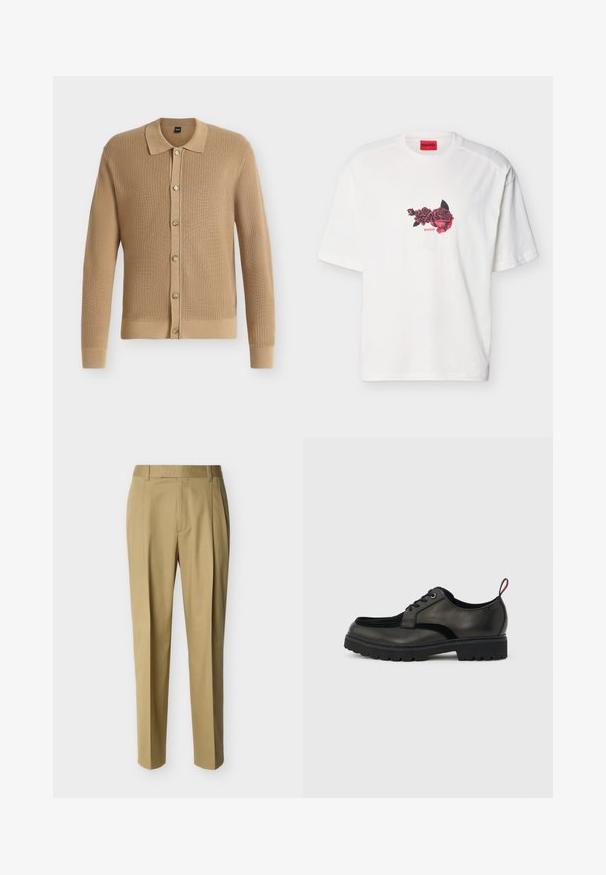Cardigan en tricot marron clair à manches longues avec col et six boutons sur le devant, présenté sur fond blanc.; T-shirt blanc à manches courtes avec un motif de rose rouge et noire et le texte rouge "HUGO" sur la poitrine, sous une étiquette de marque rouge à l'intérieur du col.; Pantalon beige ajusté avec passants de ceinture et pli frontal, présenté sur un fond clair uni.; Chaussure noire en cuir à lacets avec semelle épaisse crantée et languette rouge à l'arrière, vue de profil sur un fond gris clair.