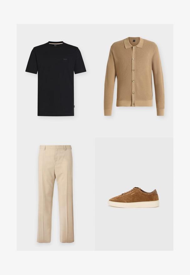 Lysebrun strikket cardigan med lange ærmer, krave og seks knapper foran, vist på en hvid baggrund.; Sort T-shirt med korte ærmer og rund hals samt et lille "BOSS"-logo på venstre bryst, vist på en ensfarvet hvid baggrund.; Beige skræddersyede bukser med bæltestropper, presset folder foran og skjult lynlåslukning, vist på en ensfarvet baggrund.; Brun ruskindsneakers med rundet tå, cremefarvet gummisål og ton-i-ton snørebånd. Har præget logo på siden og en glat bagplade.