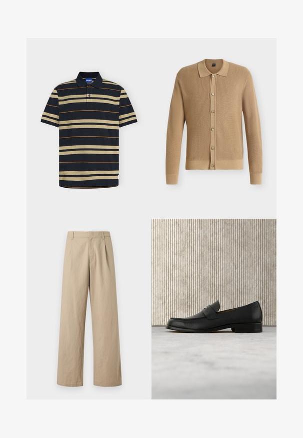 Cardigan en tricot marron clair à manches longues avec col et six boutons sur le devant, présenté sur fond blanc.; Polo bleu marine avec des rayures horizontales beiges et fines orange, manches courtes, patte à deux boutons et étiquette de marque HUGO bleue à l’intérieur du col.; Pantalon beige à jambes larges avec passants de ceinture, fermeture éclair devant, et plis, présenté sur fond blanc.; Mocassin en cuir noir flottant au-dessus d'un tapis beige avec une table ronde brune brillante en arrière-plan.