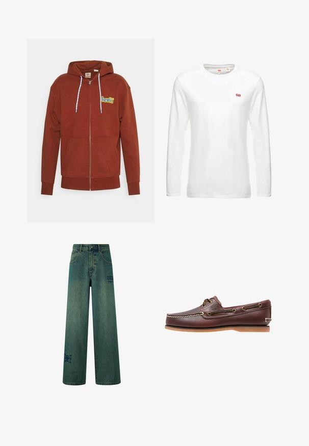 Sudadera con cremallera en color óxido, confeccionada en tela suave. Presenta un logo "levi's" en azul y amarillo, capucha con cordón y bolsillos frontales.; Camiseta de manga larga blanca hecha de algodón, con un escote redondo y un pequeño logo rojo de Levi's en el pecho. Diseño simple y clásico.; Jeans de pierna ancha en denim azul oscuro con una sutil textura desgastada. Con bolsillos traseros y un detalle decorativo de logo.; Zapato náutico de cuero marrón con costuras blancas, detalles de cordones y suela de goma color coñac, mostrado de lado sobre un fondo blanco.