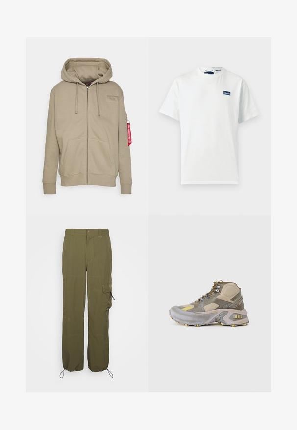 Khaki Zip-Hoodie mit gefütterter Kapuze, Fronttaschen, Rippbündchen und einem Patch auf der Brust. Mit einem roten Etikett am linken Ärmel.; Weißes T-Shirt mit kurzen Ärmeln und Rundhalsausschnitt, mit einem kleinen blauen rechteckigen Penfield-Logo auf der oberen linken Brust.; Olivgrüne Cargo-Hosen aus leichtem Material. Zu den Merkmalen gehören ein Knopfverschluss, Seitentaschen und verstellbare Bündchen mit Kordelzügen.; Beige und graue Mid-Top-Sneaker mit strukturierten Panels, metallischen Ösen und gelben Akzenten an der Sohle und den Seiten. Logo am Fersenbereich.