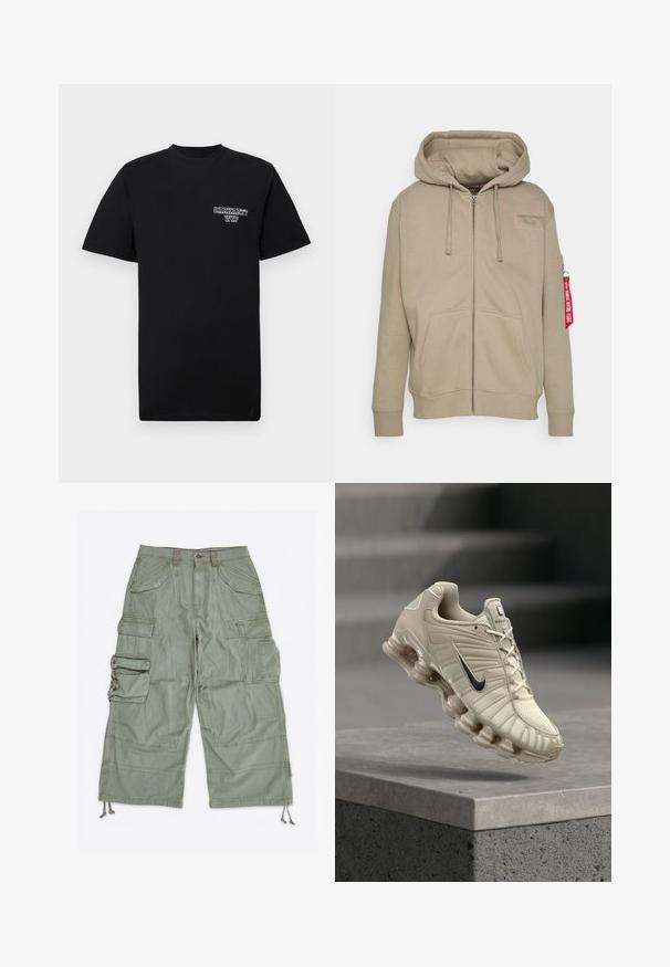 Khaki Zip-Hoodie mit gefütterter Kapuze, Fronttaschen, Rippbündchen und einem Patch auf der Brust. Mit einem roten Etikett am linken Ärmel.; Schwarzes Baumwoll-T-Shirt mit kurzen Ärmeln und Rundhalsausschnitt, ausgestattet mit einem weißen Drucklogo auf der linken Brust. Glatte Textur, normale Passform.; Hellgrüne Cargoshorts mit mehreren Klapptaschen, Gürtelschlaufen, Knopfverschluss und verstellbaren Kordelzügen an den Beinöffnungen.; Beiger Nike-Laufschuh mit schwarzem Swoosh, atmungsaktivem Obermaterial und markanter segmentierter Sohle, über einer Betonplattform positioniert.