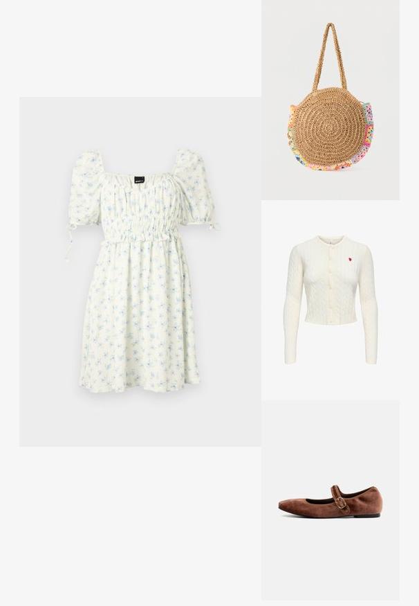 Cárdigan corto blanco de punto con cable, con mangas largas, escote redondo, botones en el frente y un pequeño corazón rojo bordado en el pecho izquierdo.; Vestido blanco con estampado floral azul, escote cuadrado, mangas abullonadas elásticas, cintura fruncida y dobladillo a la altura de la rodilla. Tejido ligero.; Bianco Mary Jane shoes BIALILJA - Bailarinas con hebilla - dark brown; Bolso redondo de paja tejida con una correa corta y detalles multicolores de crochet alrededor de los bordes.