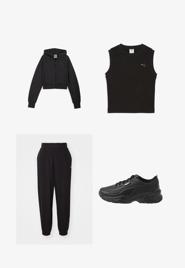 Sweat à capuche court noir avec fermeture éclair, manches longues, trous pour les pouces aux poignets, et petit logo Puma sur la poitrine gauche.; Haut court noir sans manches en maille côtelée avec col rond et petit logo Puma gris sur le côté gauche de la poitrine.; Pantalon de survêtement noir en tissu doux, avec une taille côtelée et des chevilles resserrées. Comprend un petit logo sur le côté.; Chaussures de sport noires en cuir lisse, avec un col rembourré, un bout rond, des lacets et le logo Puma sur le côté.