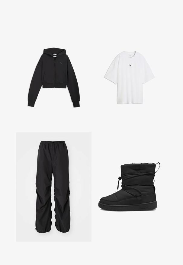 Sort cropped hættetrøje med lynlås, lange ærmer, tommelfingerhuller på manchetterne og lille Puma-logo på venstre bryst.; Hvid oversized T-shirt med korte ærmer og en lille sort Puma-logo centreret på brystet.; Sorte bukser med elastisk talje lavet af vandafvisende materiale. Har en løs pasform med sammenhæftede manchetter ved anklerne og ingen synlige mønstre.; Sort isoleret støvle med en kviltet struktur, elastisk snøre lukning, polstret kant og en gummisål med et minimalistisk logo.