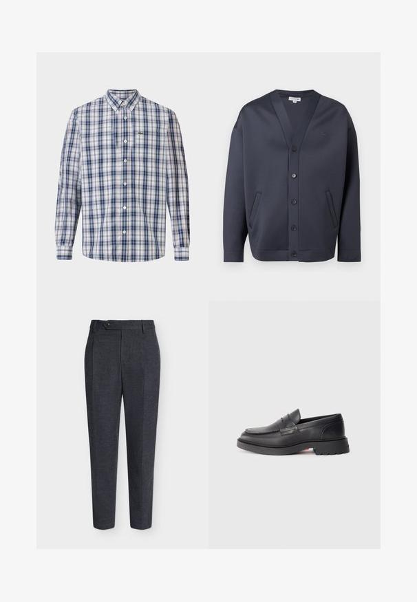 Cárdigan abotonado de color azul marino oscuro con cuello en V, dos bolsillos laterales y pequeño logo bordado en el pecho y el puño de la manga.; Camisa de cuadros en azul y blanco, con un cuello clásico, mangas largas y un pequeño logotipo bordado en el pecho.; Pantalones de vestir ajustados de color gris oscuro con un sutil patrón de cuadros, raya al frente, cintura con botones y trabillas para cinturón.; Mocasines de cuero negro con punta redondeada, costura elevada y suela de goma gruesa. Diseño simple con mínima marca en el lateral.