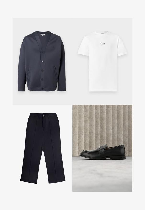 Cárdigan abotonado de color azul marino oscuro con cuello en V, dos bolsillos laterales y pequeño logo bordado en el pecho y el puño de la manga.; Camiseta blanca de algodón con cuello redondo y mangas cortas. Presenta un pequeño logo negro de "Boss Club" centrado en el pecho.; Pantalones de pierna ancha negros de tejido suave que cuentan con cremallera, cierre de botón y bolsillos frontales. Detalle de pliegue notable a lo largo de cada pierna.; Mocasín de cuero negro con una placa metálica de marca apoyado cerca de una mesa redonda marrón sobre un suelo alfombrado beige.
