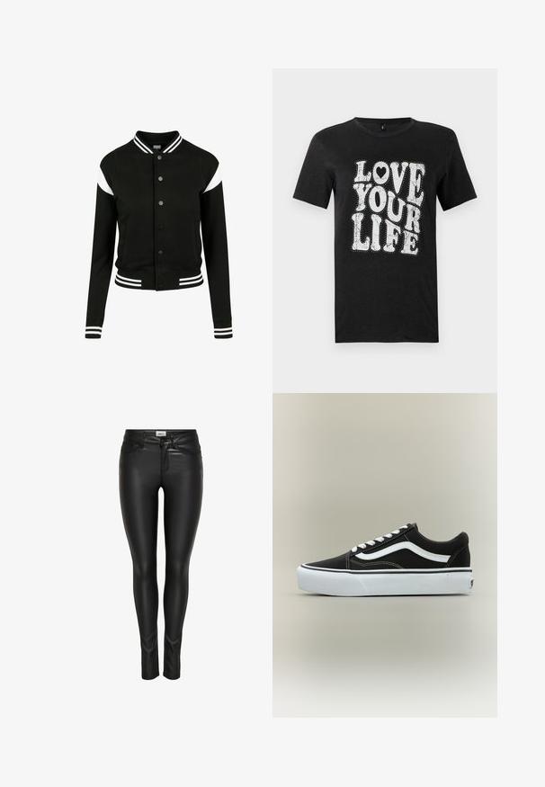 Veste varsity noire avec des accents blancs, poignets et ourlet côtelés, fermeture à boutons, deux poches latérales, fabriquée en tissu doux. Design sportif classique.; T-shirt en coton noir avec texte blanc indiquant "LOVE YOUR LIFE." Le design inclut des points décoratifs et un accent en forme de cœur. Manches courtes.; Pantalons en faux cuir noir slim-fit avec bouton avant, fermeture à glissière et passants de ceinture, présentés sur un fond blanc.; Baskets basses noires avec bande blanche latérale, lacets blancs, semelle en caoutchouc blanche et bout texturé sur fond neutre.