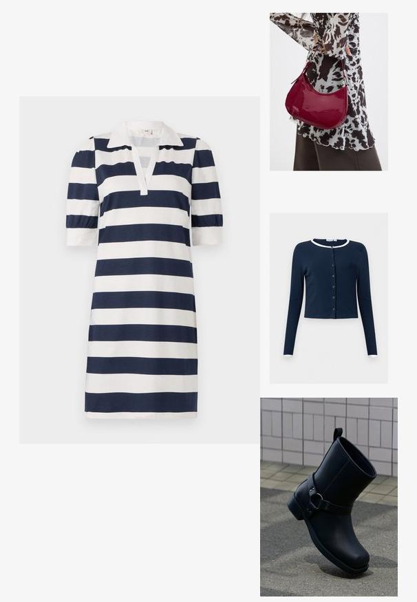 Navyblauw, langärmeliges Strickjacke mit weißen Kanten am Kragen und an den Bündchen, geripptes Gewebe, kurz geschnitten.; Gestreepte jurk met marineblauwe en witte horizontale strepen, een klassieke polo-kraag, korte pofmouwen en een v-hals. Zacht katoen.; Zwarte leren enkellaarzen met riem en metalen ringdetail, getoond op een grijze stoep met een betegelde muur op de achtergrond.; Vrouw met een zwart-wit gebloemde blouse houdt een glanzende rode schoudertas vast tegen een effen achtergrond.