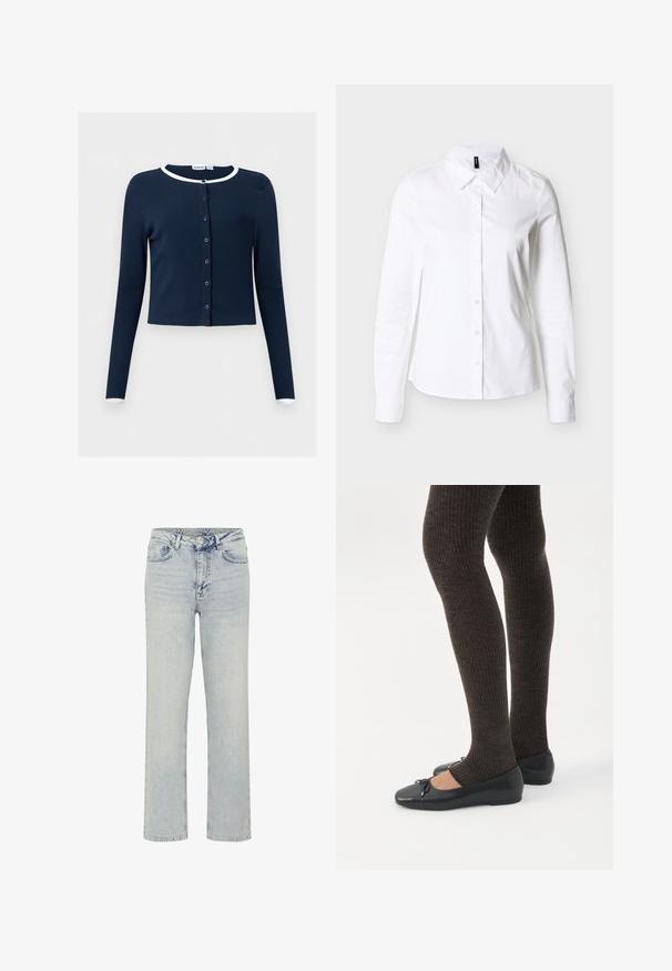 Navyblauw, langärmeliges Strickjacke mit weißen Kanten am Kragen und an den Bündchen, geripptes Gewebe, kurz geschnitten.; Witte blouse met lange mouwen en knoopsluiting, met een puntige kraag, plat neergelegd op een lichtgrijze achtergrond.; My Essential Wardrobe WIDE 05 THE LOUIS 139 - Relaxed fit jeans - light blue dirty wash; Benen met donkere geribbelde leggings gecombineerd met zwarte ballerina's met kleine strikdetails op een witte achtergrond.