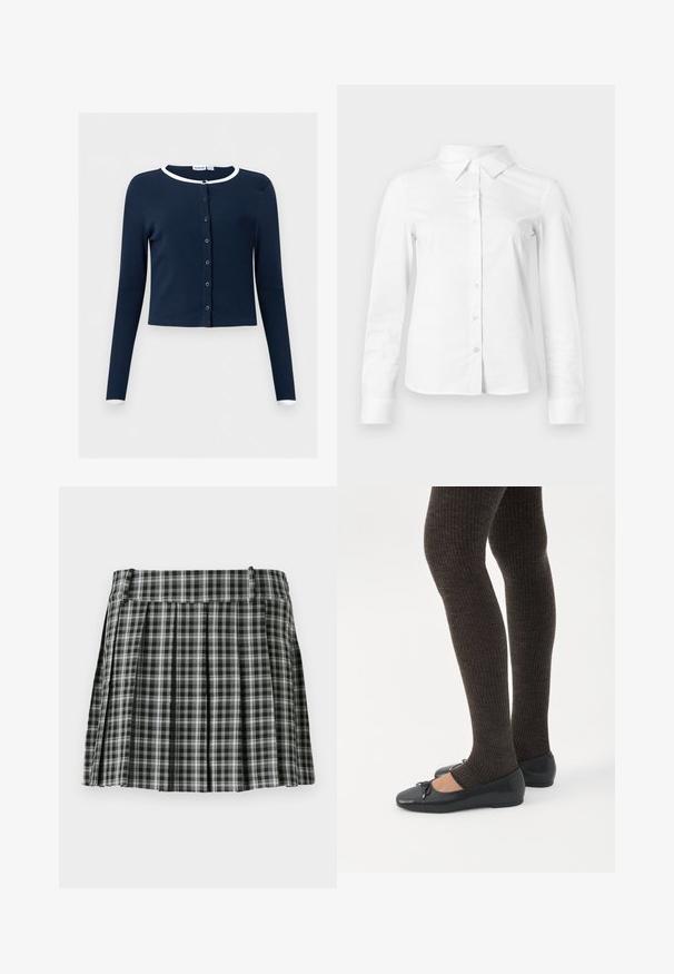 Navyblauw, langärmeliges Strickjacke mit weißen Kanten am Kragen und an den Bündchen, geripptes Gewebe, kurz geschnitten.; Witte blouse met lange mouwen en knopen, met puntige kraag, rechte zoom en aansluitende silhouet, weergegeven op een effen lichte achtergrond.; Zwart-wit geruite geplisseerde rok met een gladde tailleband en meerdere verticale plooien. Gemaakt van lichte stof.; Benen met donkere geribbelde leggings gecombineerd met zwarte ballerina's met kleine strikdetails op een witte achtergrond.