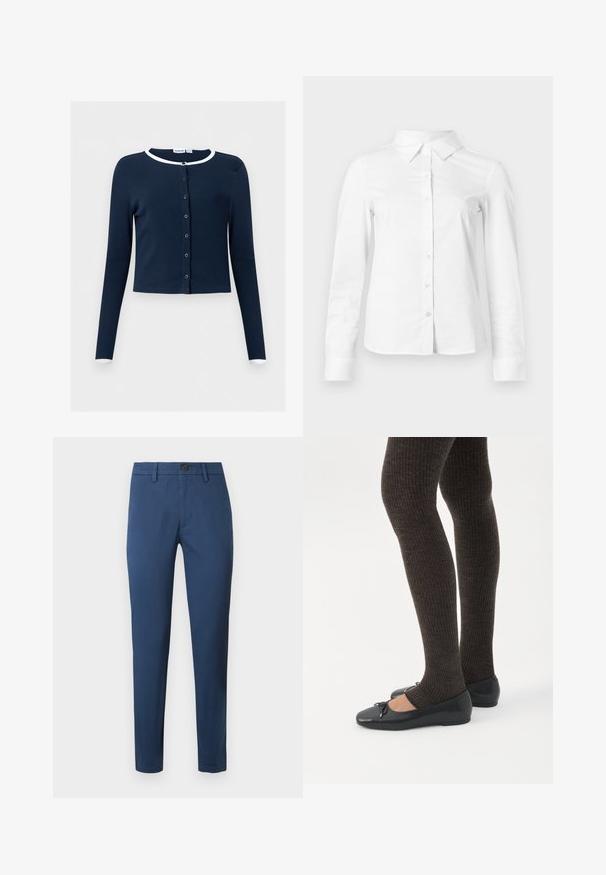 Mørkeblå cardigan med lange ærmer og knapper, hvid kant på krave og manchetter, ribstrikket stof, kort pasform.; Hvid skjorte med lange ærmer, knapper, spids krave, lige kant og tætsiddende silhuet, vist på en ensartet lys baggrund.; Blå bomulds chinos med slim fit, der har knaplukning, bæltestropper og standard lommer, glat tekstur og rene linjer.; Ben iført mørke ribbede leggings kombineret med sorte balletsko med små sløjfedetaljer på hvid baggrund.