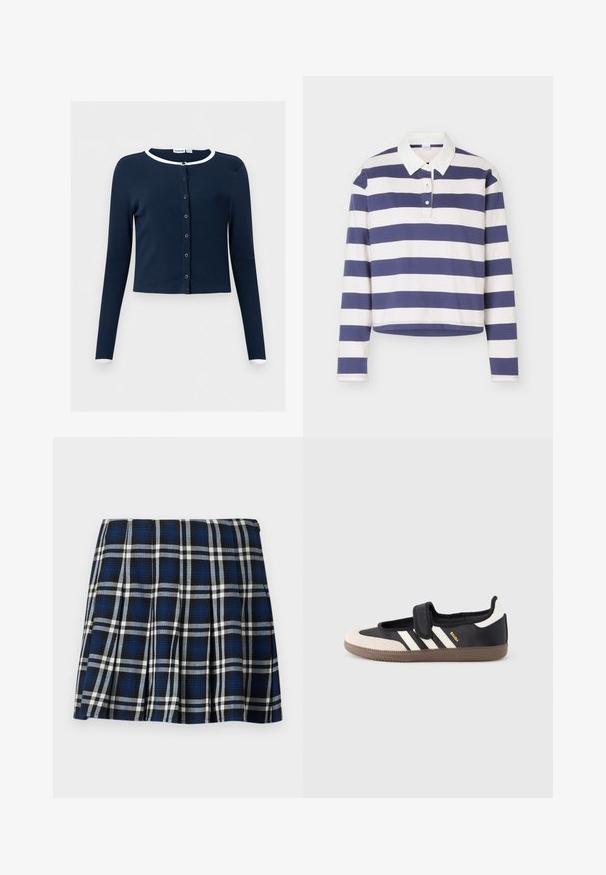 Cardigan bleu marine à manches longues, boutonné sur le devant, avec une bordure blanche au niveau du col et des poignets, tissu côtelé, coupe courte.; Maillot de rugby à manches longues avec rayures horizontales bleu marine et blanc et un col blanc, doté d’une patte à deux boutons.; Jupe mini à carreaux avec des couleurs marine, noire et blanche. Dotée de plis et d'une texture lisse. Fermeture éclair sur le côté.; Baskets noires et beiges avec une bride en velcro, trois bandes blanches sur le côté, et une semelle en caoutchouc marron texturée. Logo de la marque visible.