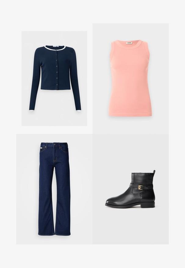 Mørkeblå cardigan med lange ærmer og knapper, hvid kant på krave og manchetter, ribstrikket stof, kort pasform.; Ærmeløs, ribstrikket lyserød tanktop med rund hals og Drykorn-mærke på bagsiden af kraven, vist på en ensartet lys baggrund.; Mørkeblå denimjeans med vidbenet design, lige snit, fem lommer og lynlås foran. Syning detaljer langs sømmerne.; Sort læderankelstøvle med lav hæl, dekorativ rem og guldspænde mod en neutral baggrund.
