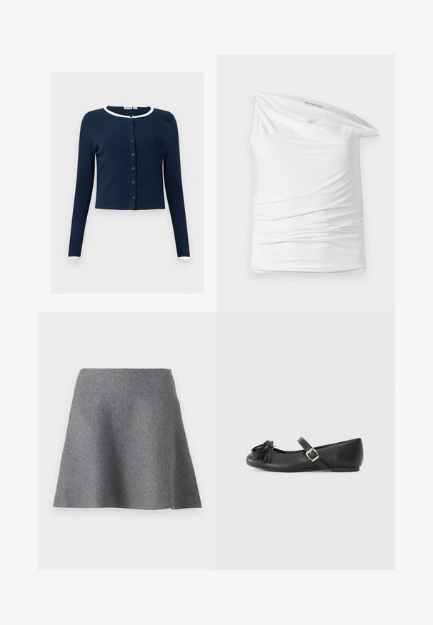 Cardigan azul marino de manga larga con botones, ribete blanco en el cuello y los puños, tela acanalada, corte corto.; Top blanco de un solo hombro hecho de una tela suave y elástica con fruncido en el costado. Presenta un diseño casual y drapeado, y una etiqueta en el escote.; Falda acampanada gris hecha de un tejido texturizado y suave. Presenta un diseño sencillo con cintura alta y un acabado suave.; Bailarina negra de cuero con punta redondeada, que presenta un detalle decorativo de flecos y una correa con hebilla en el lateral. Diseño minimalista y textura suave.