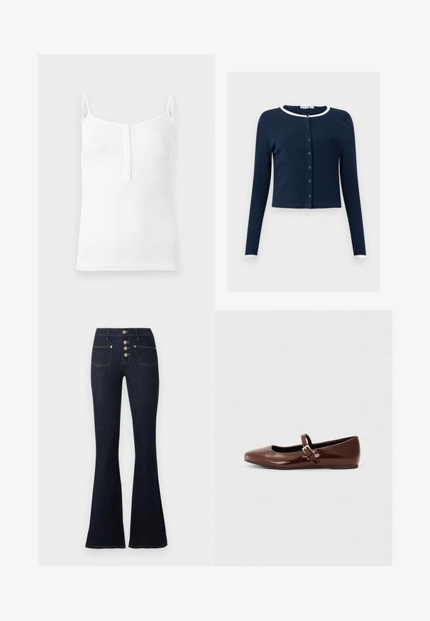 Navy blue, long-sleeve button-up cardigan with white trim on collar and cuffs, ribbed fabric, cropped fit.; White ribbed tank top with thin adjustable straps and a front placket featuring small buttons, displayed on a plain background.; Dark blue high-waisted flare jeans with four-button front closure and two front pockets, displayed against a white background.; Brown patent leather ballet flat with a square toe and strap featuring a small gold buckle. Smooth texture, low heel, and minimalist design.