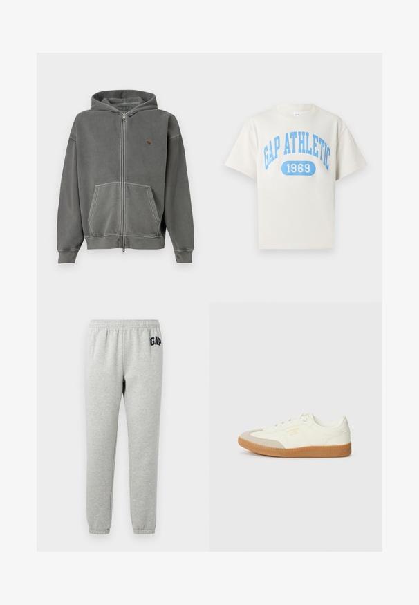 Grauer Zip-Hoodie aus weichem Material. Verfügt über eine Kängurutasche und ein kleines Logo auf der linken Brust. Abgerundet mit einer verstellbaren Kapuze.; Weißes T-Shirt mit kurzen Ärmeln und blauem "GAP ATHLETIC 1969" Aufdruck vorne in fetter, kollegialer Schriftart.; Graue Jogginghose mit elastischem Bund, abgeklebten Knöcheln und einem dunkelblauen "GAP"-Logo auf dem linken Oberschenkel. Weicher Baumwollmischstoff.; Sneaker aus weißem Leder mit einer beigen Zehenkappe und leichter brauner Gummisohle. Verfügt über flache weiße Schnürsenkel und geprägtes Branding an der Seite.