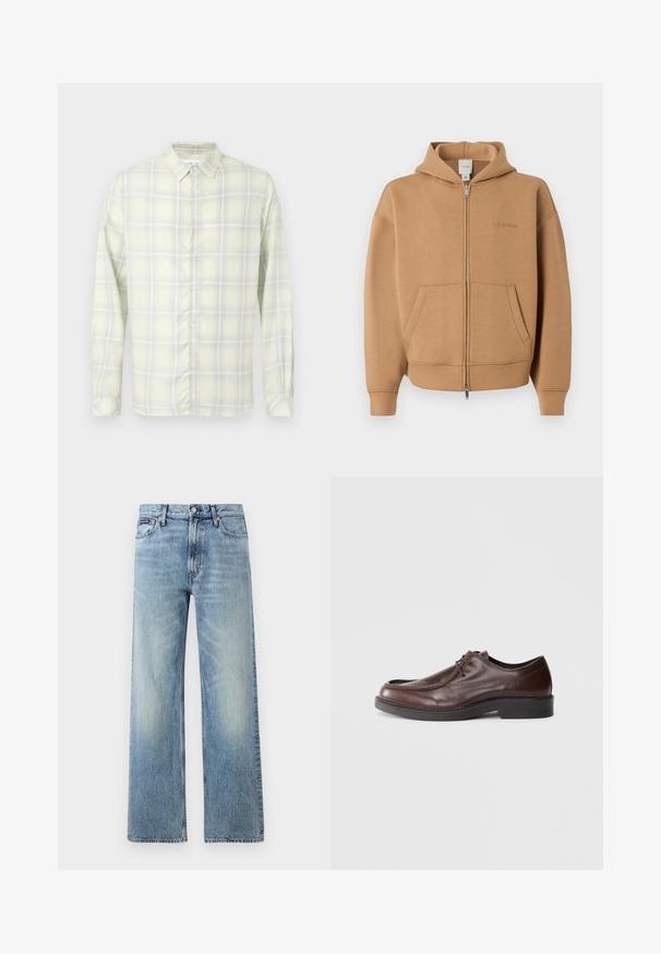 Tan lynlås-hættetrøje med forlommer, lange ærmer, hætte og diskret Calvin Klein-logo på brystet.; Lysegul ternet langærmet skjorte med knapper og krave, vist fladt mod en hvid baggrund.; Lyseblå denim jeans med lige ben, højt talje, fem lommer, knaplukning og diskrete falmede områder på lår og knæ.; Brune lædersko med rund tå, minimal syning og en solid sort sål. Har snørelukning og en glat overflade.