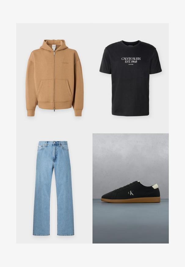 Béžová mikina na zips s vreckami vpredu, dlhými rukávmi, kapucňou a jemným logom Calvin Klein na hrudi.; Čierne krátke tričko s bielym nápisom "Calvin Klein EST. 1968" umiestneným v strede na hrudi v serifovom písme.; Riflové nohavice svetlomodrej farby s rovnými nohavicami, s dizajnom piatich vreciek a zapínaním na gombík v páse, zobrazené na jednoduchom pozadí.; Čierne plátené tenisky s gumenou podrážkou, s kovovo strieborným logom "cK" na boku a bielym akcentom na päte. Nízke prevedenie.