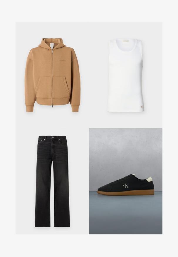 Beige zip-up hoodie met voorzakken, lange mouwen, capuchon en subtiel Calvin Klein-logo op de borst.; Witte geribbelde mouwloze tanktop met ronde halslijn en een klein Calvin Klein-logo labeltje bij de zoom op een effen achtergrond.; Zwarte jeans met rechte pijpen, vijf zakken, riemlussen en knoopsluiting, weergegeven op een witte achtergrond.; Zwarte canvas sneaker met een gumrubberen zool, voorzien van een zilveren "cK" logo aan de zijkant en een witte accent bij de hiel. Laag model.