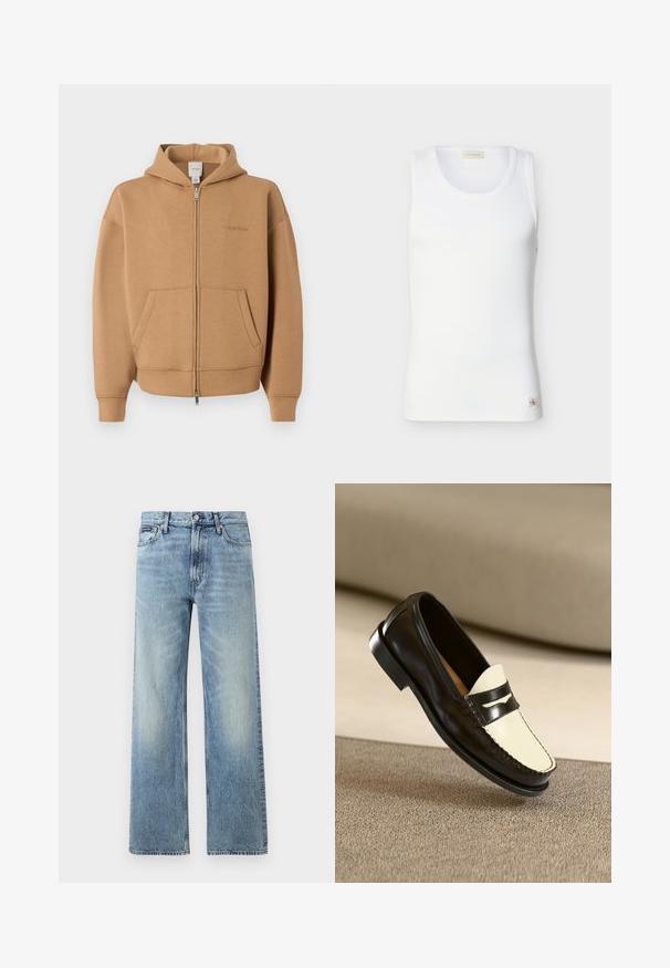 Beiger Kapuzenpullover mit Reißverschluss, Fronttaschen, langen Ärmeln, Kapuze und dezentem Calvin Klein-Logo auf der Brust.; Weißes geripptes ärmelloses Tanktop mit rundem Ausschnitt und kleinem Calvin Klein Logoetikett nahe dem Saum vor einfachem Hintergrund.; Hellblaue Jeans mit geradem Bein, hohem Bund, fünf Taschen, Knopfverschluss und dezentem Verblassen an Oberschenkeln und Knien.; Schwarze Lederloafer mit einem cremefarbenen Schaft und schwarzen Akzentstreifen, ausgestattet mit einem niedrigen Absatz und detaillierter Naht entlang der Kanten.