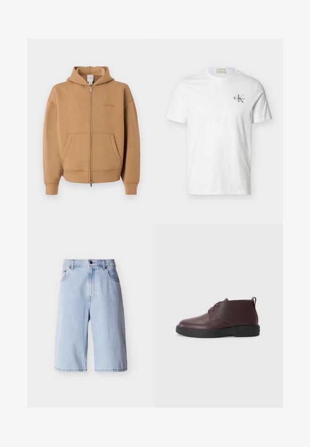 Sweat à capuche zippé beige avec poches frontales, manches longues, capuche et logo Calvin Klein discret sur la poitrine.; T-shirt blanc en coton à manches courtes avec petit logo gris "Calvin Klein" sur la poitrine gauche, col rond et coupe régulière.; Shorts en denim bleu clair jusqu'aux genoux avec boutons et fermeture éclair à l'avant, passants pour ceinture et poches latérales, présentés sur un fond uni.; Bottine en cuir bordeaux avec un bout rond, deux œillets pour les lacets, semelle noire texturée et une languette au talon.