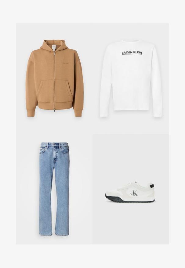 Sudadera con cremallera color marrón claro con bolsillos frontales, mangas largas, capucha y un discreto logo de Calvin Klein en el pecho.; Camisa blanca de manga larga hecha de algodón, con un logo negro de "CALVIN KLEIN" en el pecho y cuello redondo. Textura suave.; Jeans de mezclilla azul claro con un diseño de pierna recta, cinco bolsillos y cierre de botón. Detalles de costura cerca de los bolsillos y la cintura.; Zapatilla blanca de Calvin Klein con suela negra, paneles de ante y malla, logo CK en el lado y marca Calvin Klein en el talón y la suela.