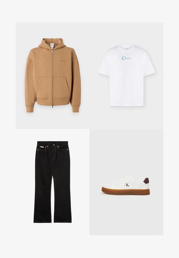 Beige zip-up hoodie met voorzakken, lange mouwen, capuchon en subtiel Calvin Klein-logo op de borst.; Wit T-shirt met korte mouwen met een kleine blauwe ronde afbeelding en de tekst "THE AFTER GLOW" gecentreerd op de borst tegen een effen achtergrond.; Zwarte jeans met rechte pijpen, oranje stiksels, vijf zakken, knoopsluiting en een klein Calvin Klein-label op de voorste rechterzak.; Witte sneakers met een rubberen gum zool, platte veters en een bruine suède hakaccent. Voorzien van een subtiele geperforeerde "cK" logo aan de zijkant.