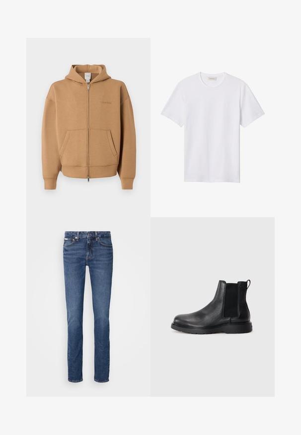 Béžová mikina na zips s vreckami vpredu, dlhými rukávmi, kapucňou a jemným logom Calvin Klein na hrudi.; Jednoduché biele tričko s krátkym rukávom a okrúhlym výstrihom, s malým reliéfovým logom na ľavej strane hrude a značkovou etikietou vo vnútri goliera.; Modré denimové džínsy so strihom rovného nohavice, ktoré majú klasické rozmiestnenie piatich vreciek a medené kovové doplnky na páse a vreckách.; Čierne kožené chelsea čižmy s textúrovaným povrchom, elastickými bočnými panelmi a pevným gumovým podpätkom. Diskrétny branding na päte.