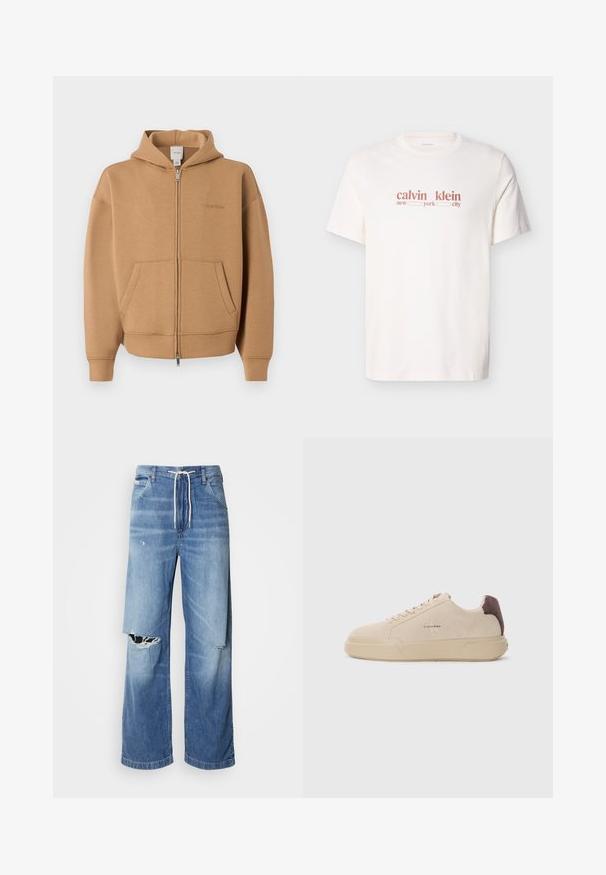 Béžová mikina na zips s vreckami vpredu, dlhými rukávmi, kapucňou a jemným logom Calvin Klein na hrudi.; Biele bavlnené tričko s červeným nápisom "calvin klein new york city." Krátke rukávy a okrúhly výstrih.; Svetlomodré džíny s voľným strihom, so bielym šnúrkovým pásom a výraznými roztrhnutiami na prednej strane, ktoré odhaľujú rozstrapkané okraje.; Bežové semišové tenisky s okrúhlou špičkou, šnúrkovým uzatváraním vpredu a hnedým semišovým akcentom na podpätku. Obsahujú štruktúrovanú gumovú podrážku.