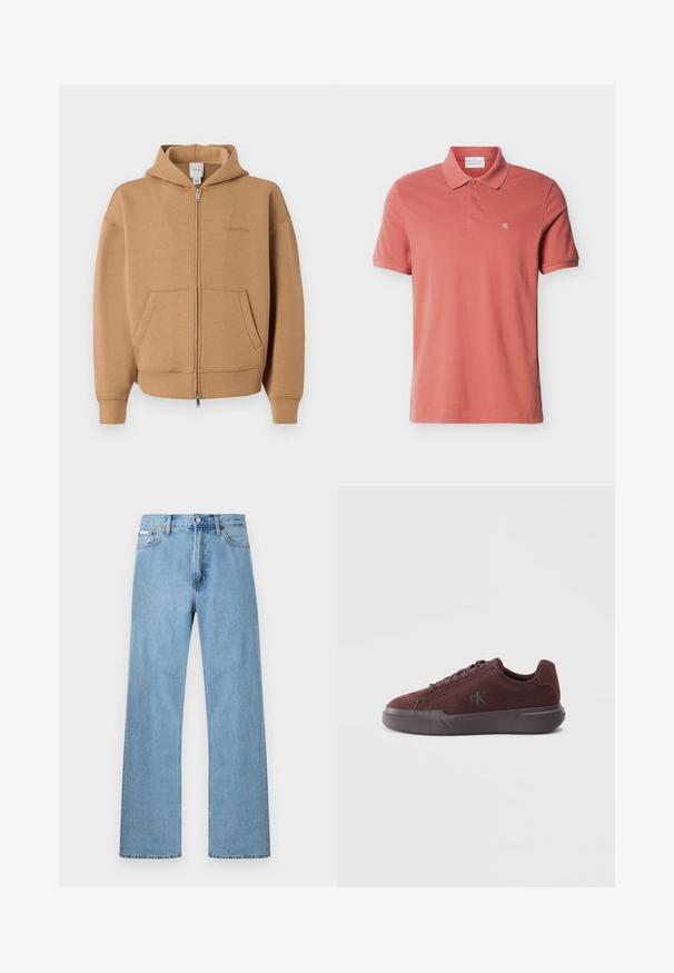 Tan lynlås-hættetrøje med forlommer, lange ærmer, hætte og diskret Calvin Klein-logo på brystet.; Herre polo med korte ærmer i støvet rosa med to knapper og lille hvidt "cK"-logo på venstre bryst.; Lyseblå straight-leg jeans i denim med fem-lomme-design og knaplukning i taljen, vist mod en ensfarvet baggrund.; Burgunderfarget ruskindssneaker med gummisål, der har runde snørebånd og en subtil præget logo på siden til branding.