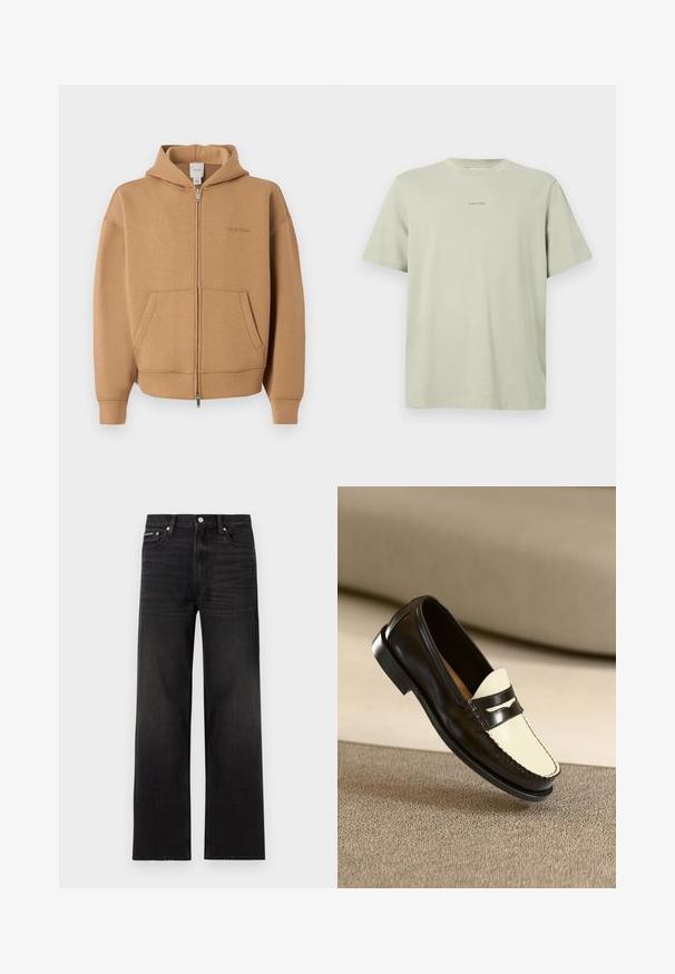 Beiger Kapuzenpullover mit Reißverschluss, Fronttaschen, langen Ärmeln, Kapuze und dezentem Calvin Klein-Logo auf der Brust.; Hellgrünes Baumwoll-T-Shirt mit Rundhalsausschnitt, kurzen Ärmeln und einem kleinen Calvin Klein-Logo in einer dunkleren Farbe, das auf der Brust gedruckt ist.; Schwarze Jeans mit geraden Beinen, fünf Taschen, Gürtelschlaufen und Knopfverschluss, auf weißem Hintergrund dargestellt.; Schwarze Lederloafer mit einem cremefarbenen Schaft und schwarzen Akzentstreifen, ausgestattet mit einem niedrigen Absatz und detaillierter Naht entlang der Kanten.