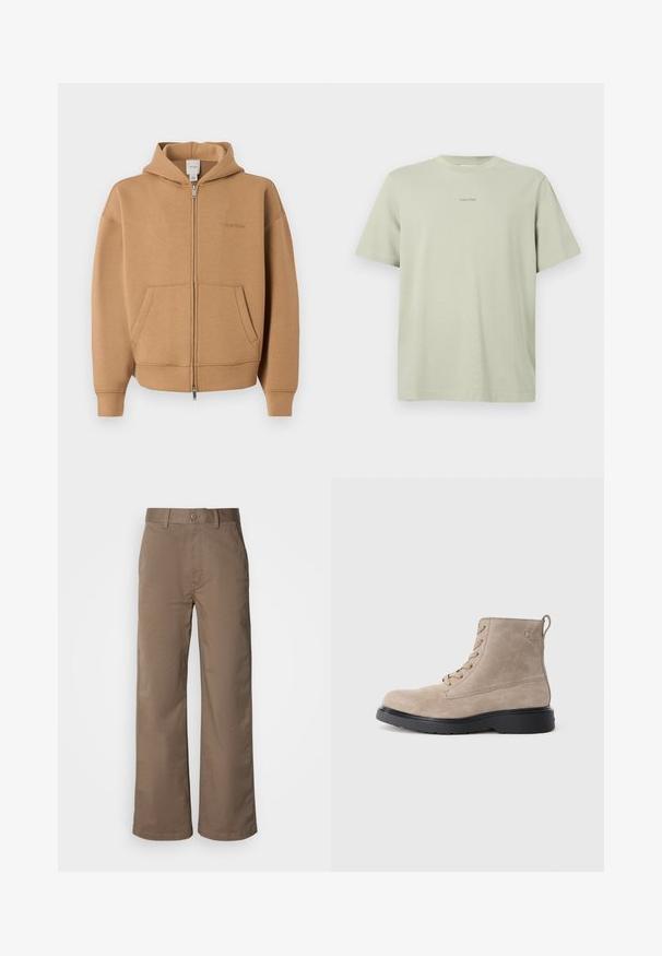 Sudadera con cremallera color marrón claro con bolsillos frontales, mangas largas, capucha y un discreto logo de Calvin Klein en el pecho.; Camiseta de algodón verde clara con cuello redondo, mangas cortas y un pequeño logo de Calvin Klein en una tonalidad más oscura impreso en el pecho.; Pantalones de pierna ancha color beige, fabricados en una suave mezcla de algodón, con cierre de botón, trabillas para cinturón y sin patrones visibles. Textura suave.; Botines de ante beige con suela de goma negra, diseño con cordones y un pequeño logotipo grabado en el lateral, que cuenta con una lengüeta en la parte posterior.