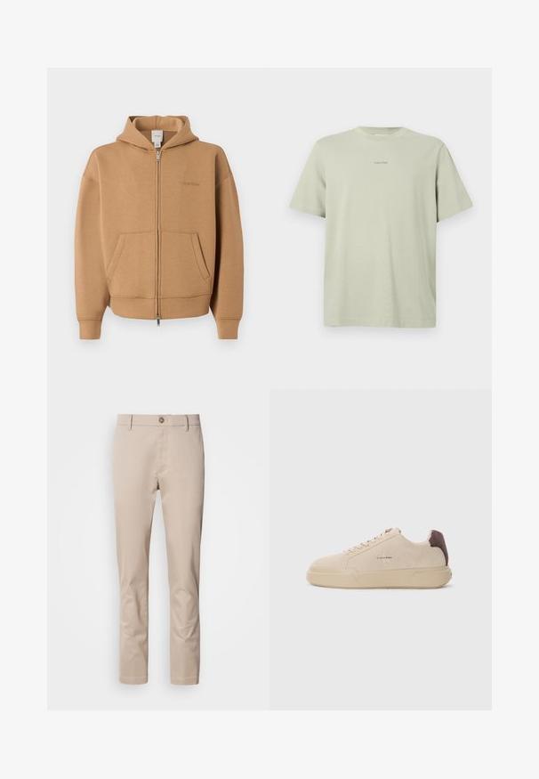 Beige zip-up hoodie met voorzakken, lange mouwen, capuchon en subtiel Calvin Klein-logo op de borst.; Lichtgroene katoenen t-shirt met een ronde hals, korte mouwen en een klein Calvin Klein-logo in een donkerdere tint gedrukt op de borst.; Beige katoenen chino's met een rechte pasvorm, riemlussen, een enkele voorknoop en een gladde, niet-gestructureerde oppervlakte. Er zijn geen zichtbare zakken.; Beige suède sneakers met een ronde neus, vetersluiting aan de voorkant en een bruine suède accent op de hiel. Beschikt over een gestructureerde rubberen zool.