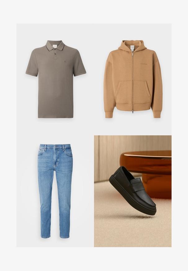 Tan lynlås-hættetrøje med forlommer, lange ærmer, hætte og diskret Calvin Klein-logo på brystet.; Taupe kortærmet polo skjorte med krave trimmet i sort, to-knaps placket og lille broderet "cK" logo på venstre bryst.; Lys blå denim jeans med lige snit, fem-lomme design og subtilt slid. Har knaplukning og bæltestropper.; Sort lædersko med elastik over vristen, placeret på et beige tæppe og ved et brunt rundt bord.