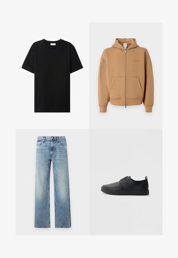 Tan lynlås-hættetrøje med forlommer, lange ærmer, hætte og diskret Calvin Klein-logo på brystet.; Sort t-shirt med korte ærmer og rund hals med subtil Calvin Klein Jeans-logo på brystet og en label indeni halsåbningen.; Lyseblå denim jeans med lige ben, højt talje, fem lommer, knaplukning og diskrete falmede områder på lår og knæ.; Sorte lædersneakers med en glat finish, rund tå, tonalt syning, snøring foran og en flad gummisål. Løkke ved hælen.