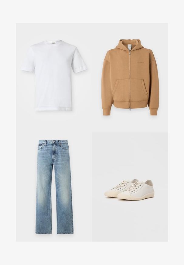 Beiger Kapuzenpullover mit Reißverschluss, Fronttaschen, langen Ärmeln, Kapuze und dezentem Calvin Klein-Logo auf der Brust.; Weißes Baumwoll-T-Shirt mit kurzen Ärmeln, Rundhalsausschnitt und glatter Textur. Keine Muster oder Akzente sind sichtbar.; Hellblaue Jeans mit geradem Bein, hohem Bund, fünf Taschen, Knopfverschluss und dezentem Verblassen an Oberschenkeln und Knien.; Weiße Sneaker aus glattem Leder mit tonalem Nähten, Schnürverschluss, runder Zehenpartie und einer strukturierten Gummisohle.
