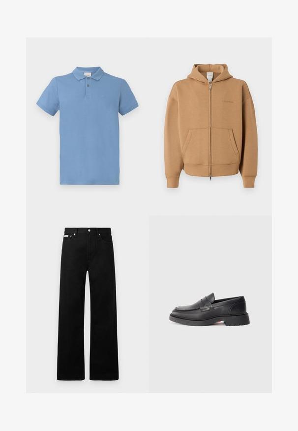 Sudadera con cremallera color marrón claro con bolsillos frontales, mangas largas, capucha y un discreto logo de Calvin Klein en el pecho.; Polo azul claro hecho de algodón, con una tapeta de tres botones, mangas cortas y un sutil logo bordado en el pecho.; Pantalones de mezclilla negros con un diseño de pierna ancha, que cuentan con cinco bolsillos y herrajes de botón metálico. Textura suave, sin patrones visibles.; Mocasines de cuero negro con punta redondeada, costura elevada y suela de goma gruesa. Diseño simple con mínima marca en el lateral.